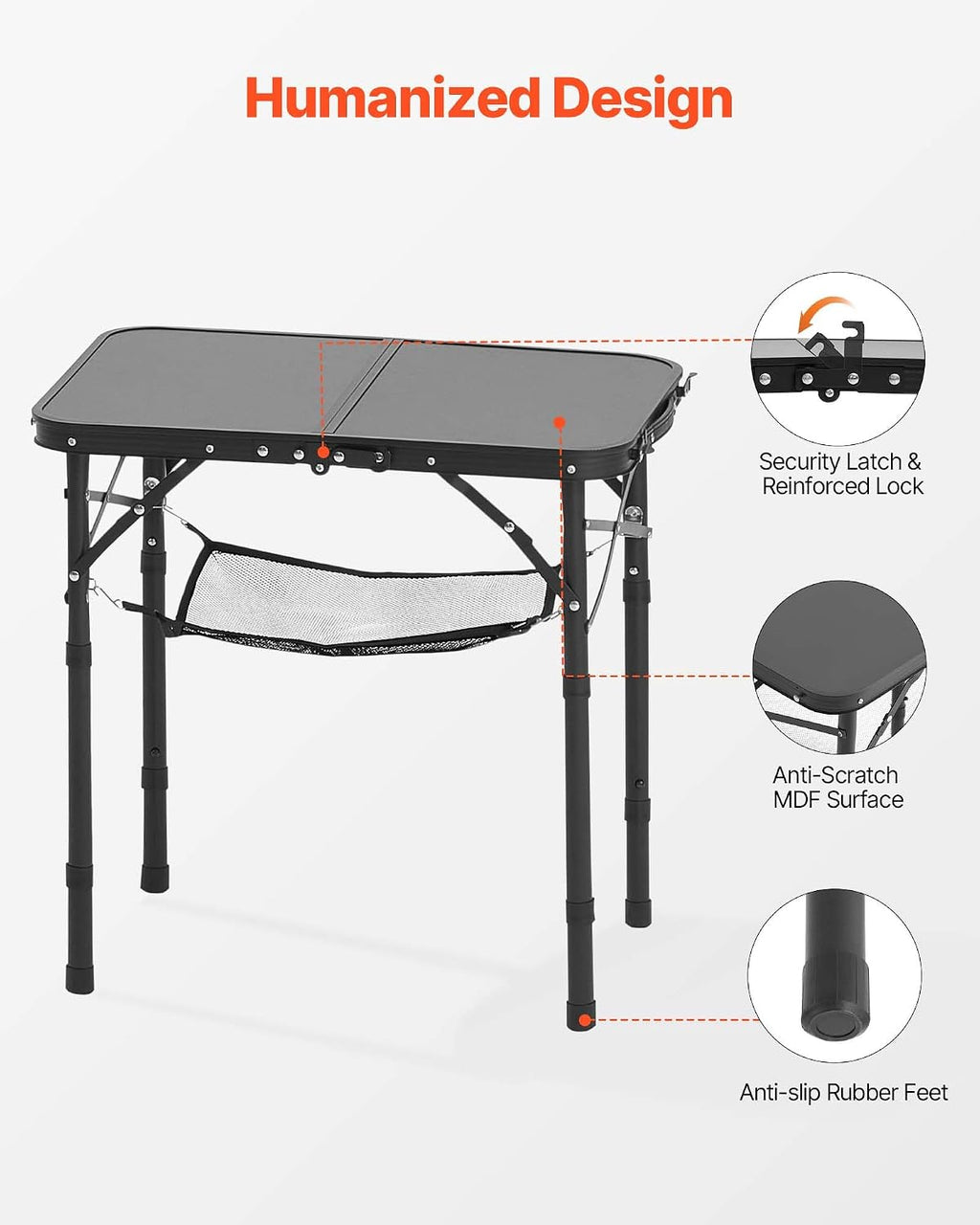 VEVOR Folding Camping Table, Adjustable Height Aluminum MDF Outdoor Portable Lightweight, for Cooking, Beach, Picnic, Travel, 24 x 16 inch