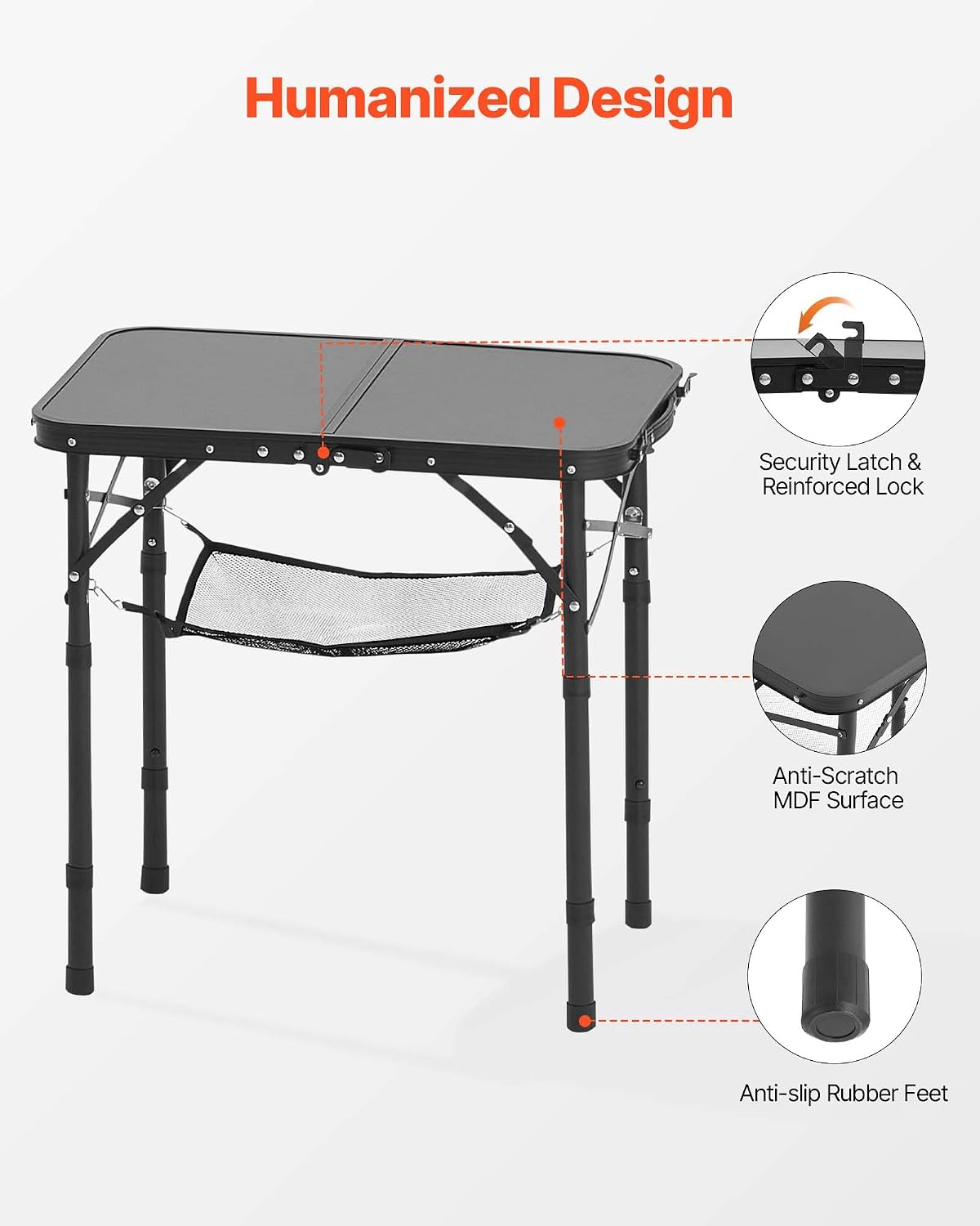 VEVOR Folding Camping Table, Adjustable Height Aluminum MDF Outdoor Portable Lightweight, for Cooking, Beach, Picnic, Travel, 24 x 16 inch