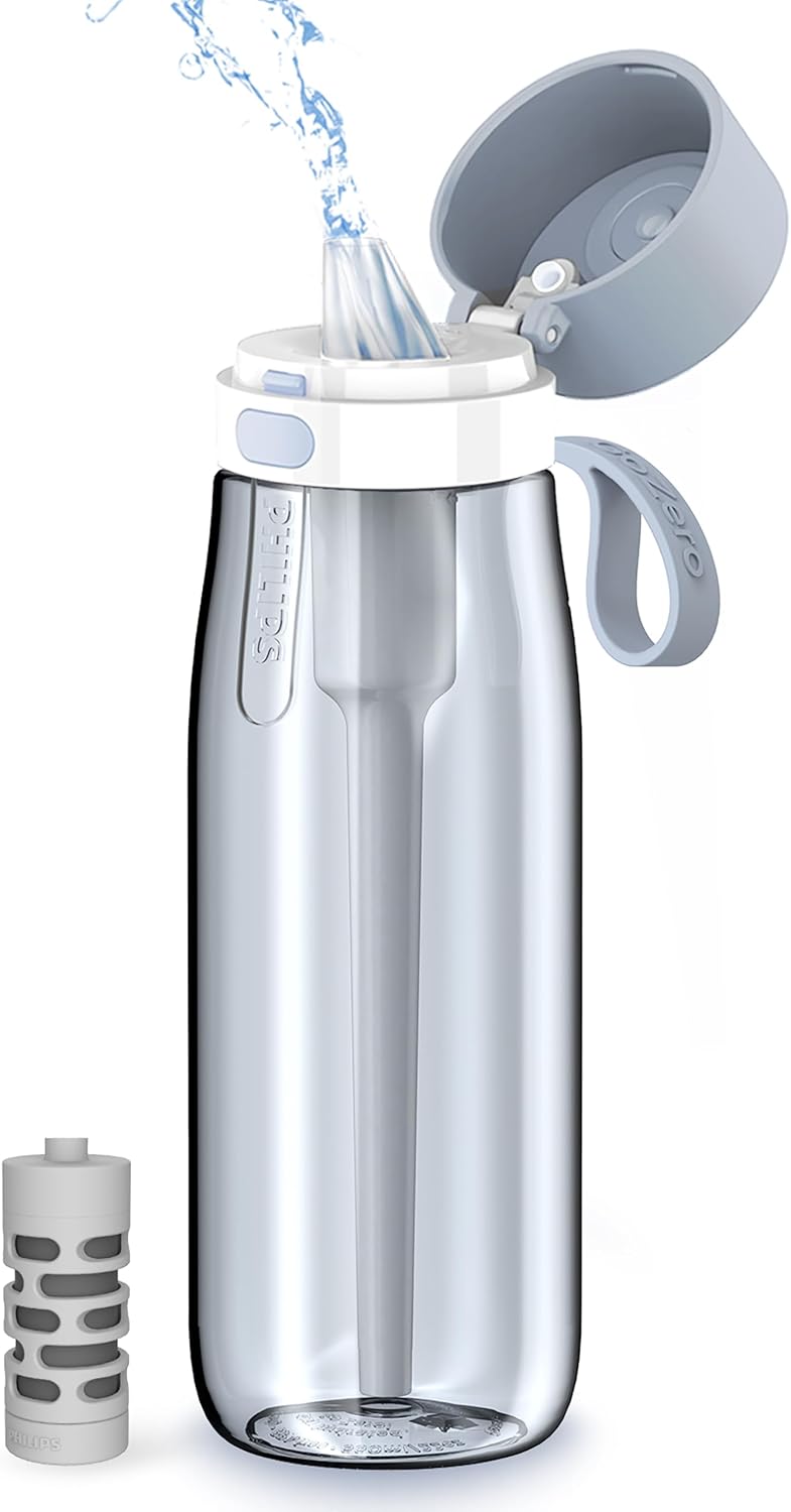 PHILIPS Filtered Water Bottle, BPA-Free Tritan, Travel Portable 22oz Grey