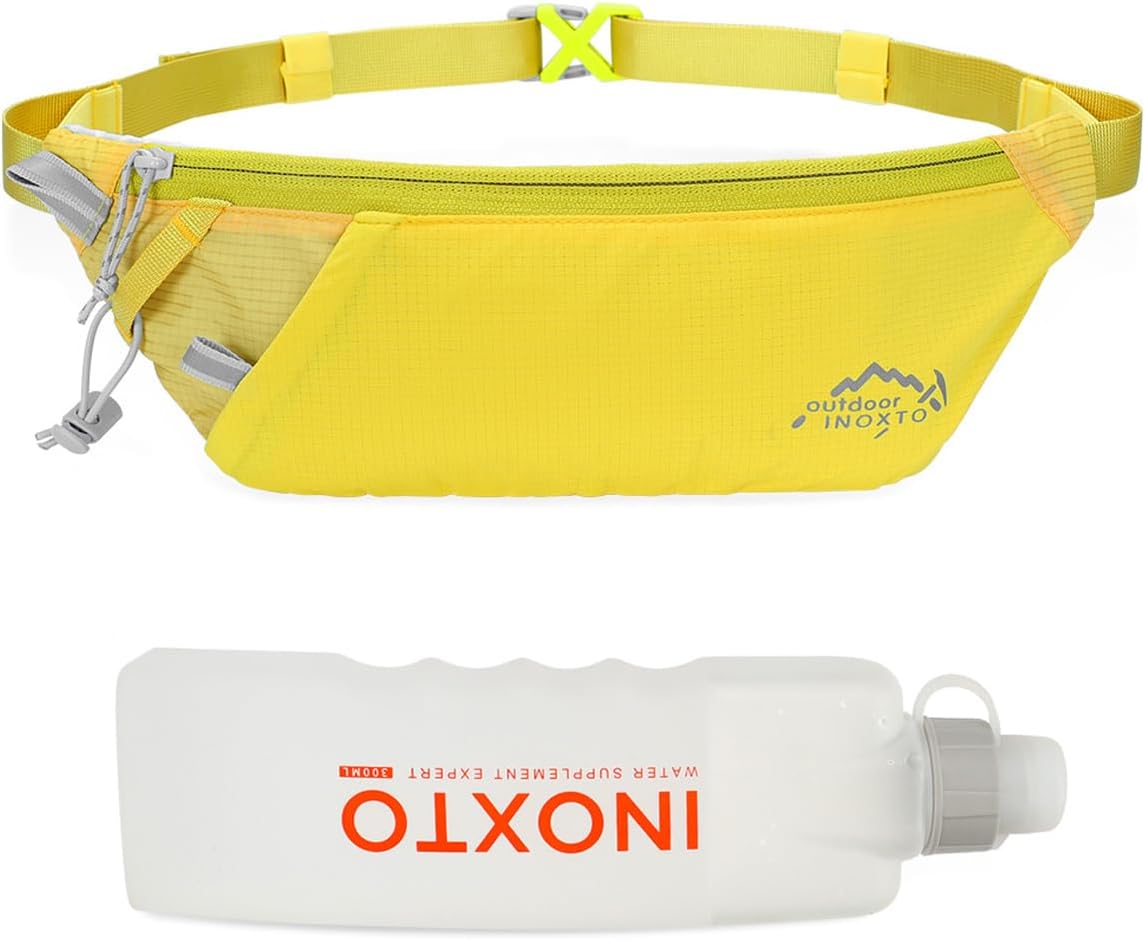 INOXTO Slim Running Belt Fanny Pack for Women and Men Sports Waist Bag Pack with 300ml Water Bottle for Running Walking Cycling Hiking Reflective Running Pouch Belt for All Phones (Yellow)