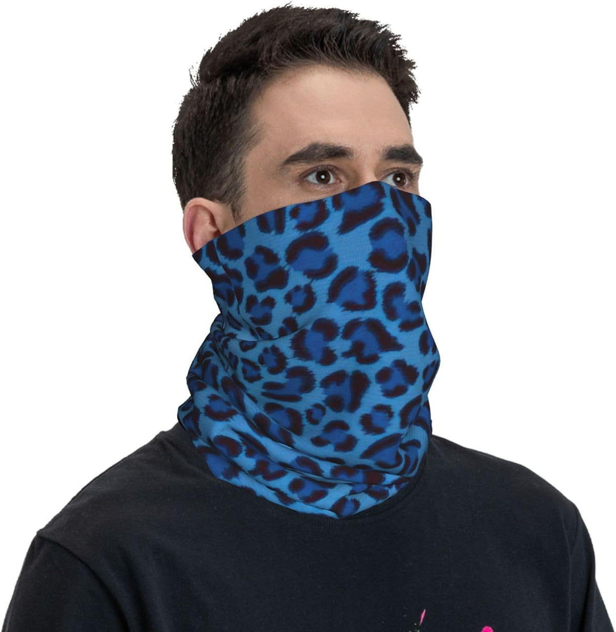 Neck Gaiter Blue Polyester Leopard Print Seamless Breathable Face Mask for Outdoor Sports, Unisex