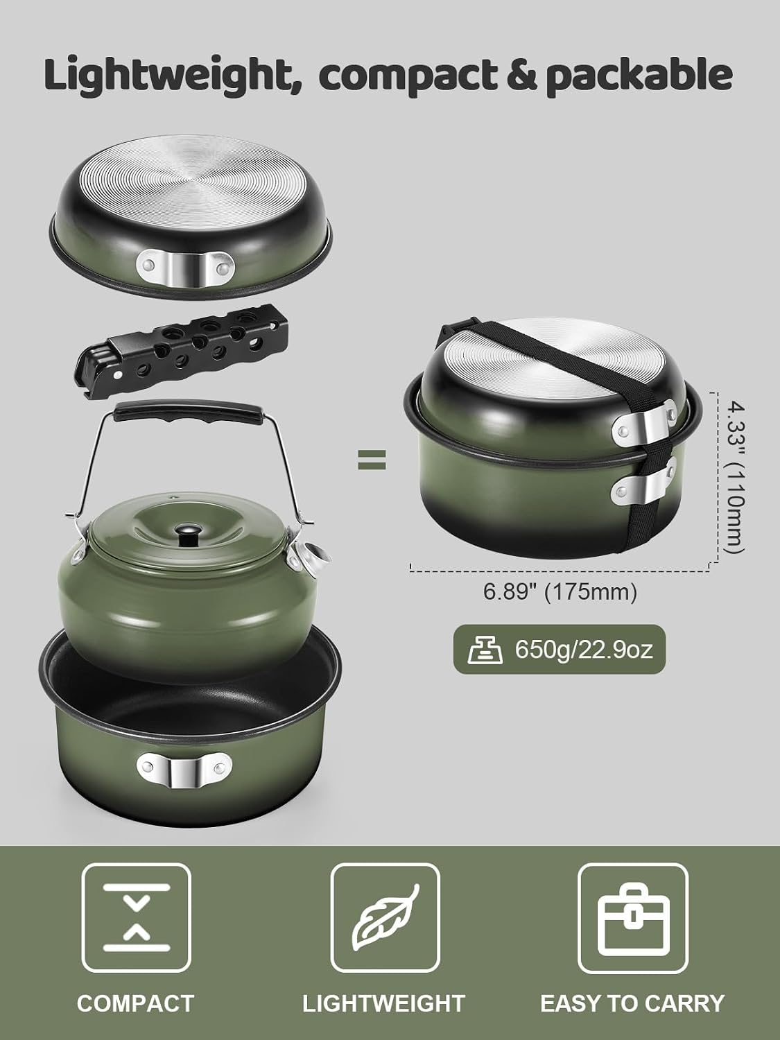 Odoland 5pcs Camping Cookware Non-Stick Camping Pot and Pan Set with Kettle and Removable Handle for Hiking Backpacking and Picnic