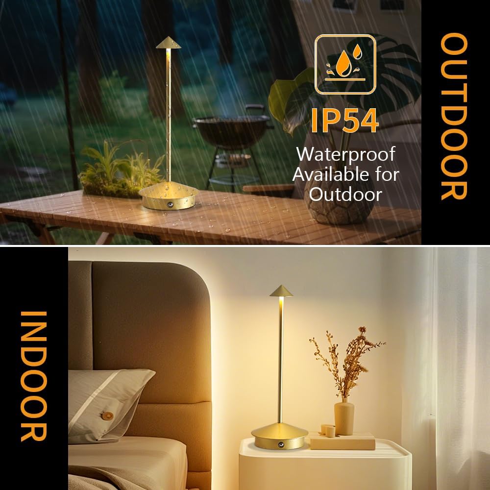 Cordless Table Lamp Set of 2, 5000mAh Rechargeable Battery Powered LED Desk Lamp, Portable Touch Dimming Outdoor Table Lamps, 3 Color Light for Restaurant, Patio, Bedroom, Night Lamp (Gold)