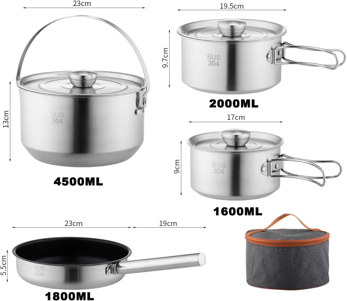 304 Stainless Steel Camping Cookware Set, Pots and Pans for Campfire Cooking, Includes Travel Tote Bag for 4-6 People