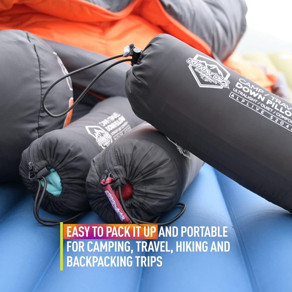 ZOOOBELIVES Down Filled Camping Pillow for Travel, Washable Soft Cover, Small Camp Cushion for Neck & Lumbar Support On-The-Go, Ultralight & Compressible for Hiking Backpacking - AlpliveS2046