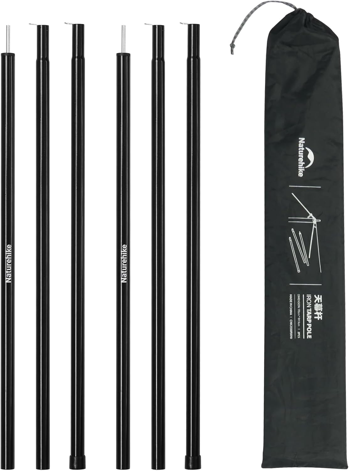 Naturehike Heavy Duty Tent Poles for Tarp, Steel Tarp Poles for Camping Awning Canopy, 0.75in Diameter 3-Section Replacement Poles for Hiking Backpacking, 1.7m(5.6ft) 2-Pack Black