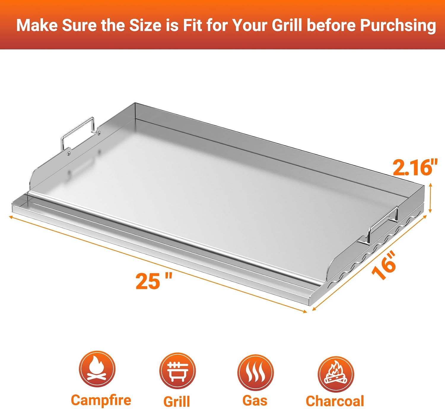 Skyflame 25x16 Inch Stainless Steel Griddle for BBQ and Flat Top Grill