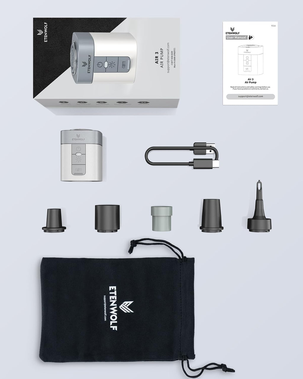 ETENWOLF AIR 3 Air Pump for Inflatables with 2600mAh Battery& Camping Light