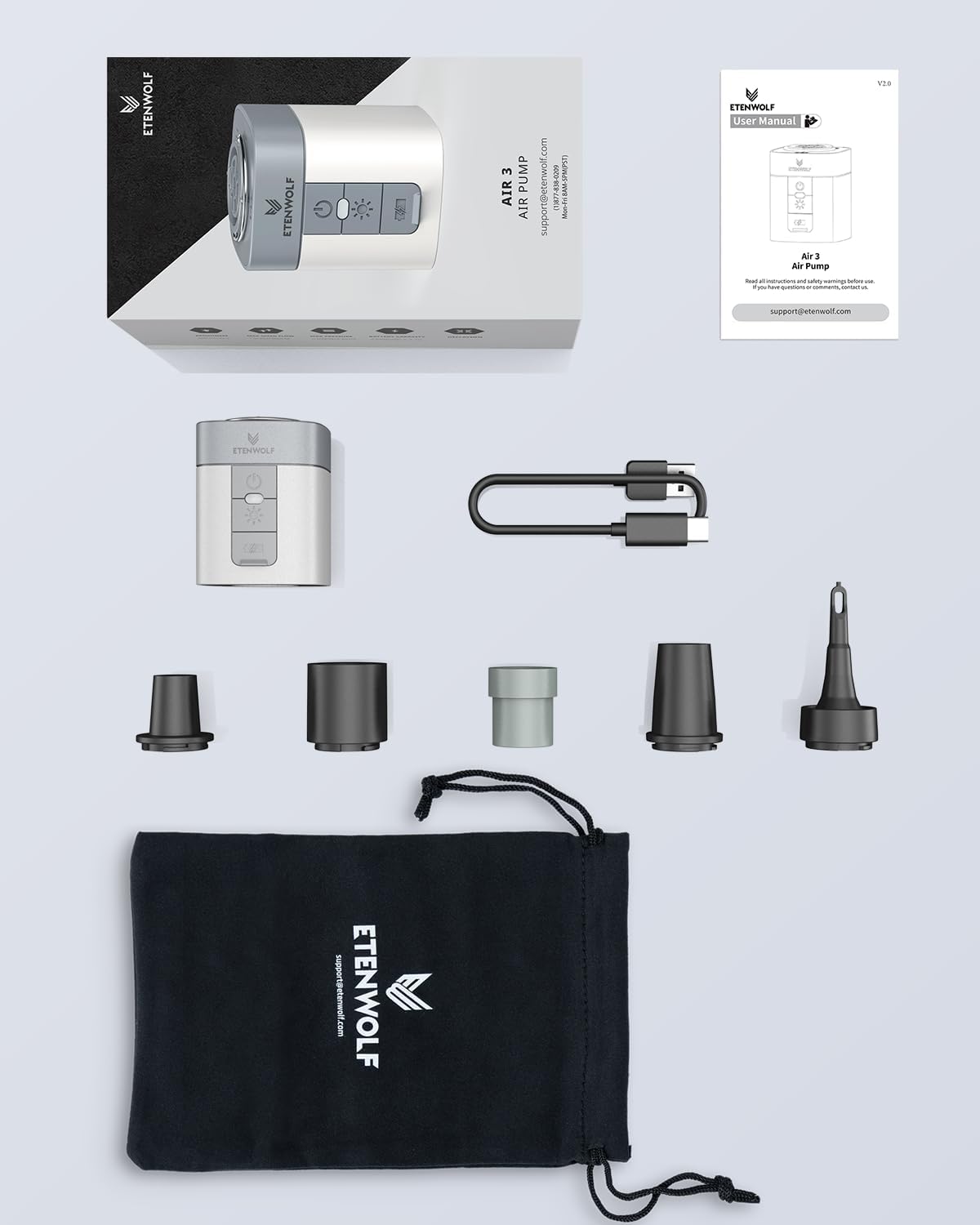 ETENWOLF AIR 3 Air Pump for Inflatables with 2600mAh Battery& Camping Light