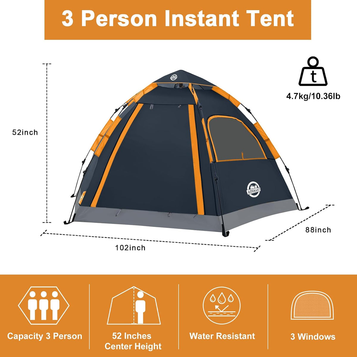 ADSMART Instant Tents for Camping 2/3/4/5 Person Tent Waterproof Easy Setup Sets Up Backpacking Tents with Carry Bag for Outdoor Hiking