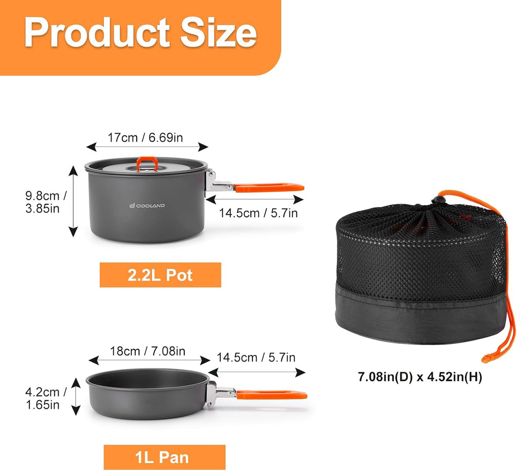 Odoland 15pcs Camping Cookware Mess Kit, Lightweight Pot Fry Pan Set