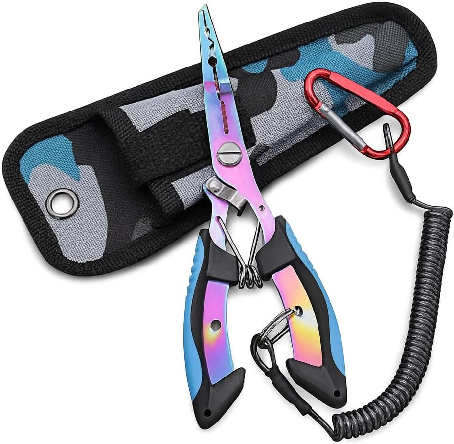 Premium Saltwater & Freshwater Fishing Pliers – Rainbow Titanium-Coated Rust-Resistant Multi-Tool with Tungsten Carbide Line Cutters, Split-Ring Tip, Non-Slip Ergonomic Grip & Coiled Lanyard