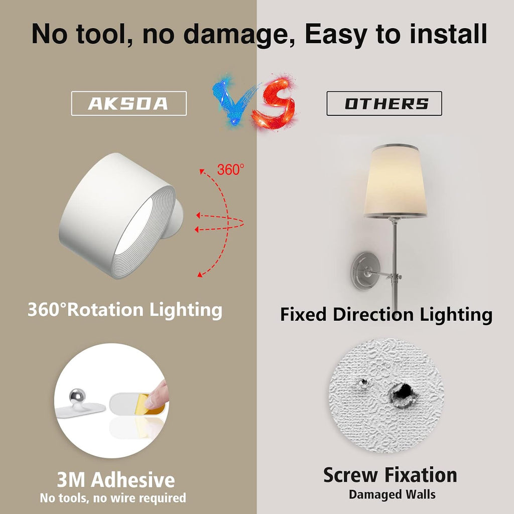 AKSDA LED Reading Light, Rechargeable Battery Operated Wall Sconce with 360-Degree Rotation Magnetic Mounting, Dimmable 3 Color Temps Touch Control Cordless Wall Lights for Bedroom Bedside, 1 Pack