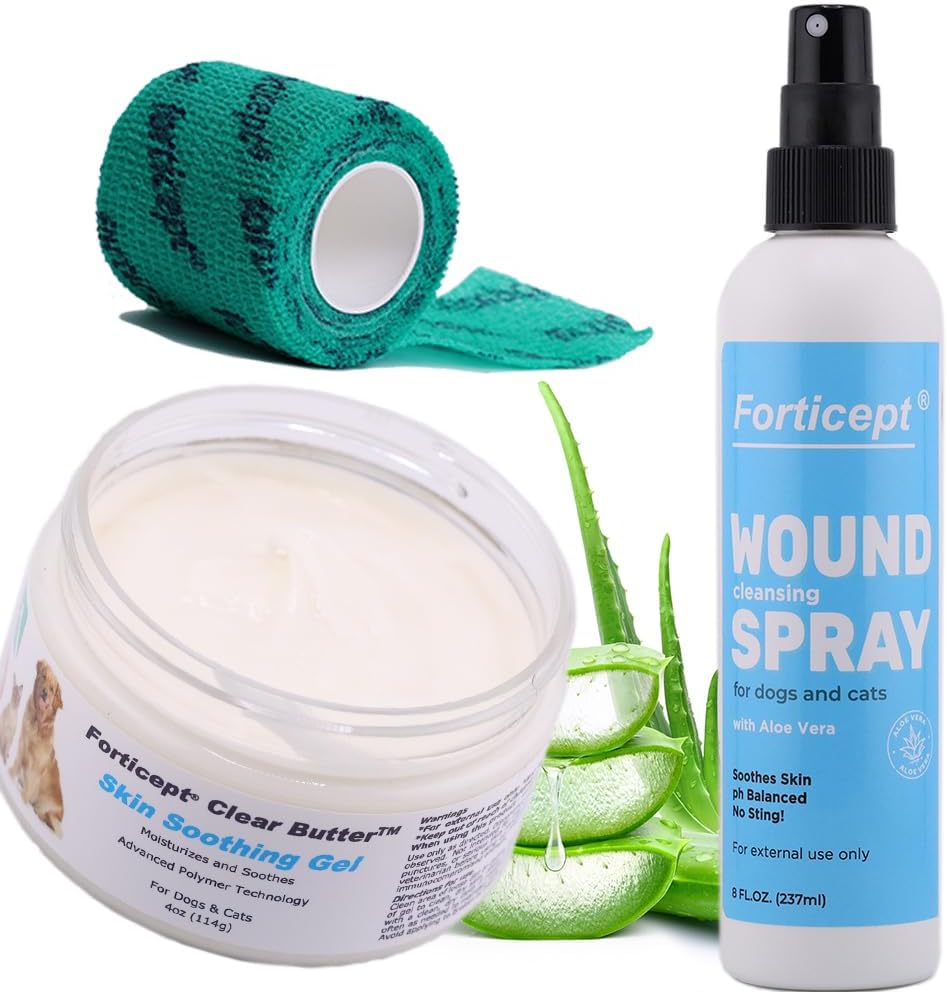 Forticept Hot Spot Treatment and Wound Care Kit for Dogs&Cats |Hotspot Wound Wash Spray 8oz + Wound Care Ointment 4oz + 2" 5 Yards Wound and Paw Bandage Wrap | First Aid Kit