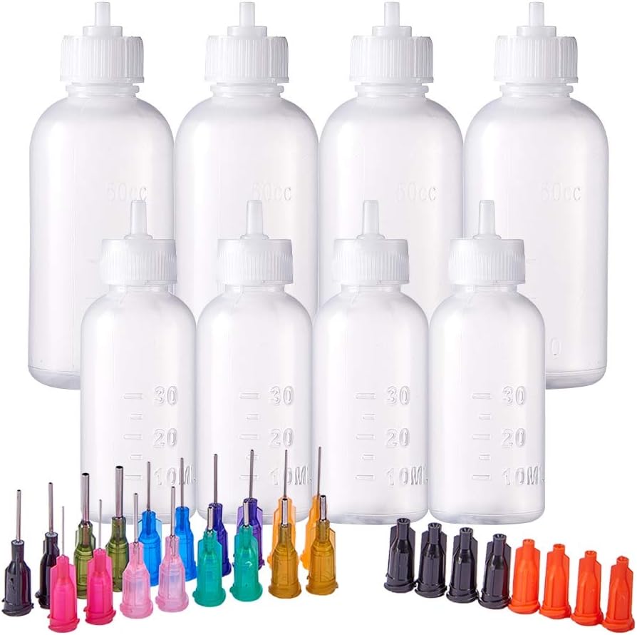 BENECREAT 6 Packs 1oz DIY Precision Tip Applicator Bottles 15PCS Stainless Steel PP Blunt Needle Tips, 6PCS Stoppers, 2PCS Syringe for Quiling Glue Work