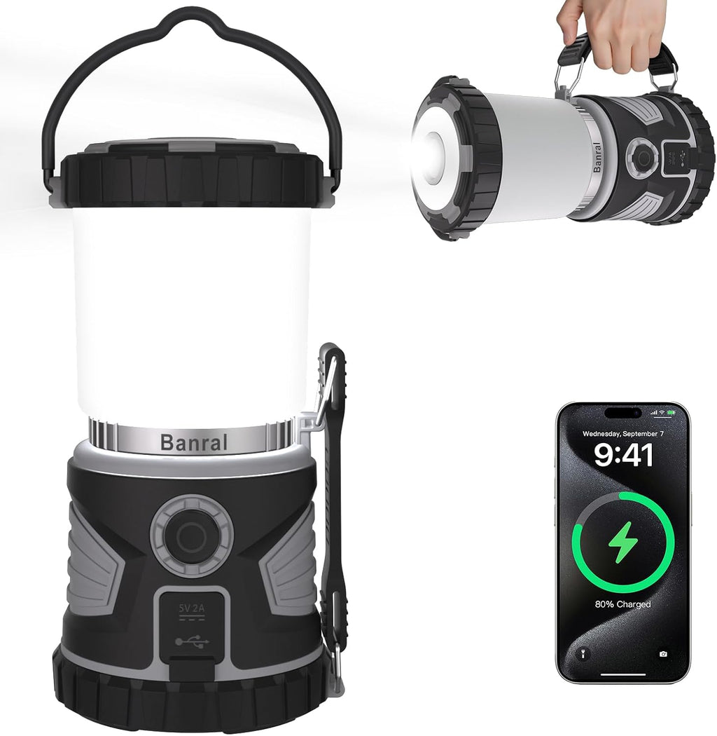 Camping Lantern Rechargeable, LED Flashlight Spotlight Lantern with 8 Light Modes, 6000 mAh, Up to 40H, Dimmable, 2000LM, IPX6, Storage Base, Camping Light for Power Outages Camping Hiking Emergency