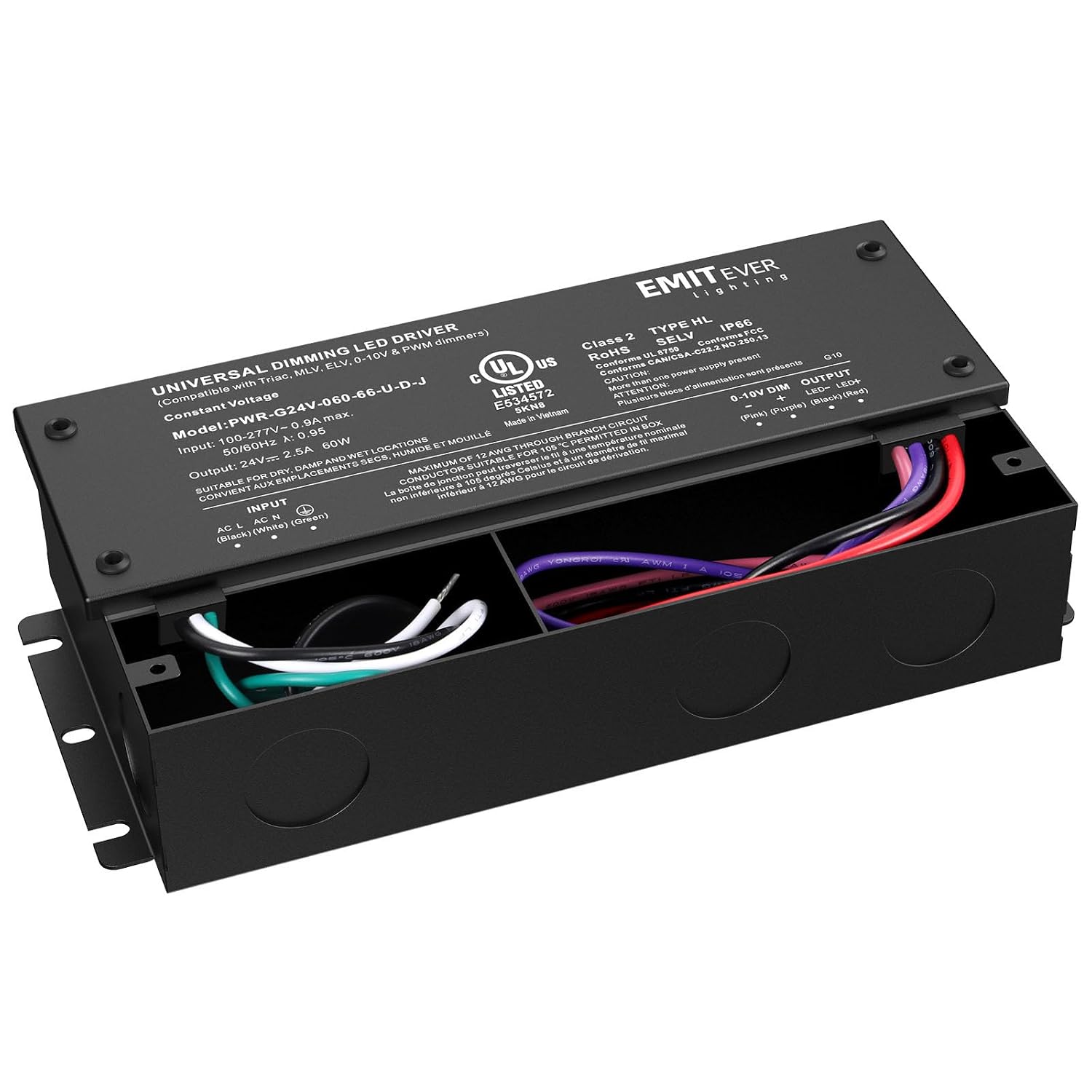 EMITEVER 2-Pack 60W 24V 5-in-1 Dimmable LED Driver, AC 110-277V to DC