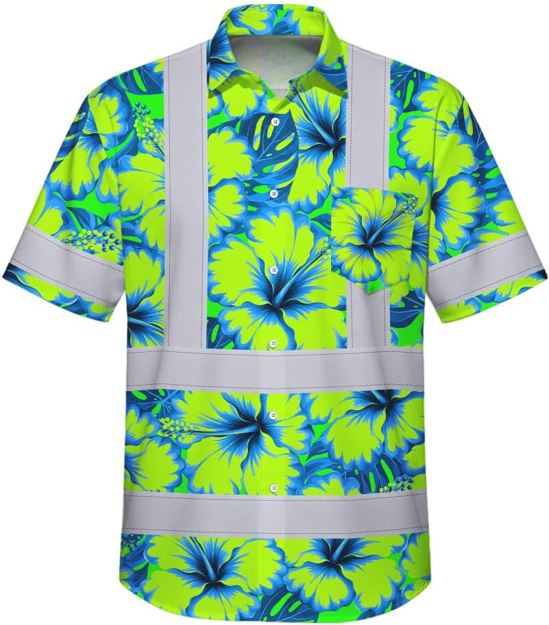 High Visibility Hawaiian Shirt for Men Tropical Shirts Custom Name Floral Outfit Reflective Safety Workwear