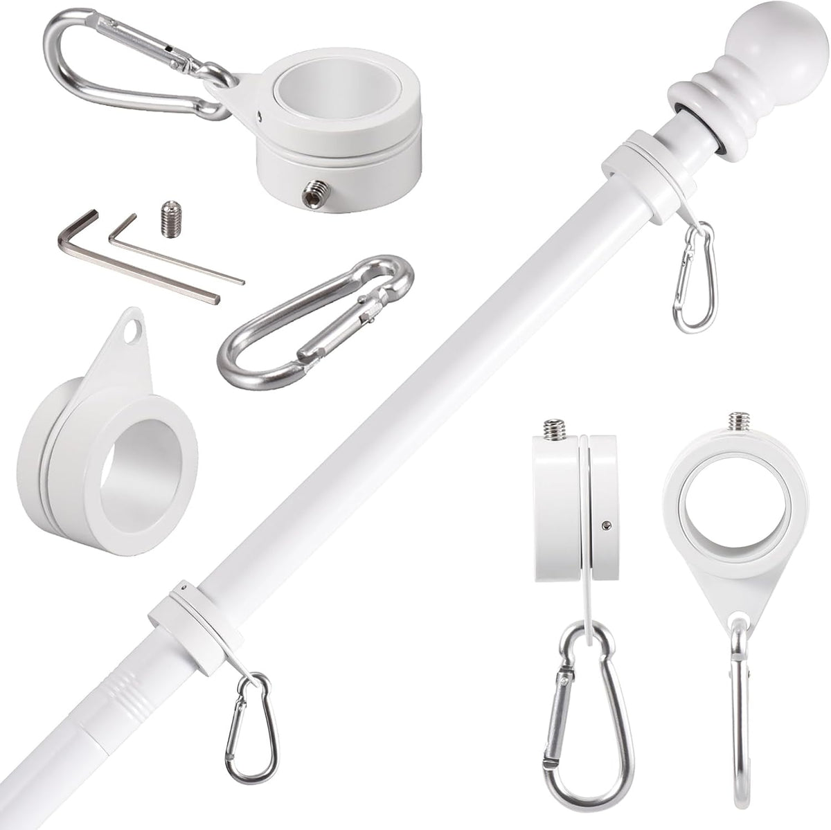 BONWIN 1" White Flag Pole Rings, 2 Pcs Anti Wrap Aluminum Alloy Flag Pole Clips Swivels, 360° Rotating Flagpole Flag Mounting Rings, Spinning Flag Pole Kit for 0.75-1.02" Diameter (1 Inch, White)