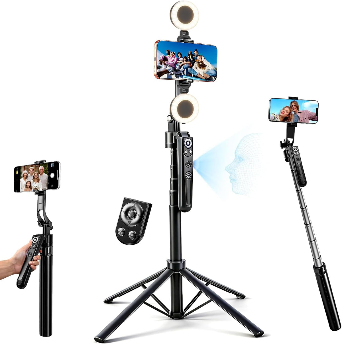 Auto Face Tracking Selfie Stick Tripod for iPhone with Light 360° Rotation that Follows Your Movement 70.9" Camera Tripod Stand with Remote for Content Creator Vlog Live Stream Video Recording