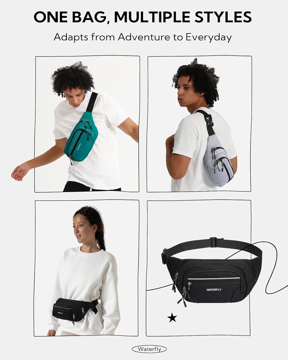 WATERFLY 3.5L RFID Fanny Pack: Anti-Theft 12" Extender Belt for Travel