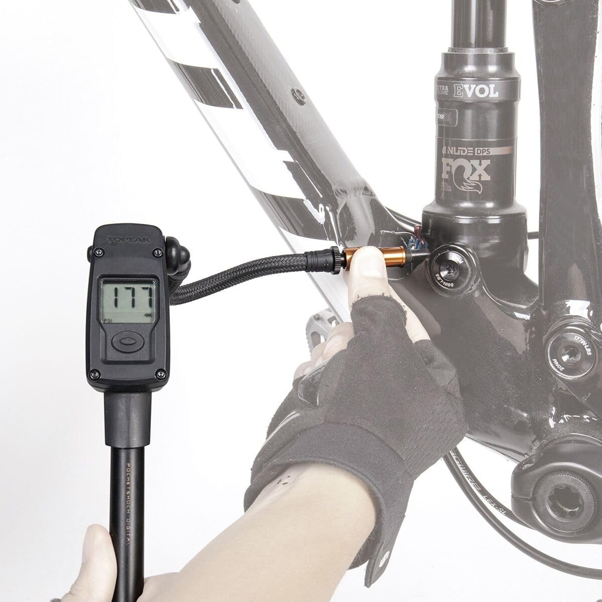 Topeak PocketShock Digital Shock Pump with 300 PSI Digital Gauge, Pressure-Rite Connector, and Air Release Button