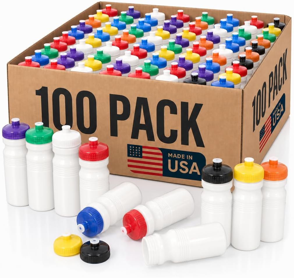 Rolling Sands Reusable Bulk Water Bottles 100 Pack - 20 Oz Sports Water Bottles, USA Made, BPA-Free, Wide Mouth for Easy Cleaning, Dishwasher Safe, Break Resistant