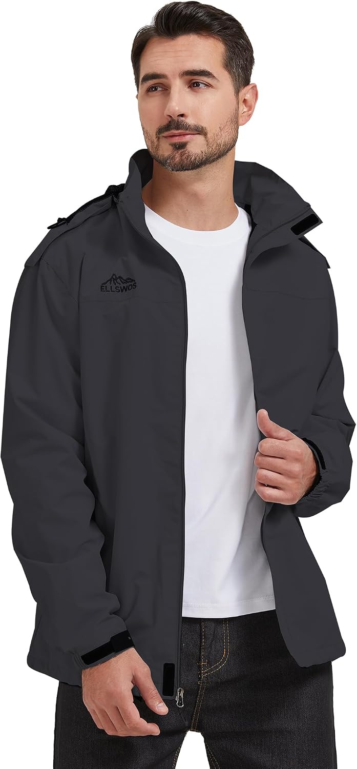 ELLSWOS Men's Lightweight Waterproof Rain Jacket with Detachable Hood