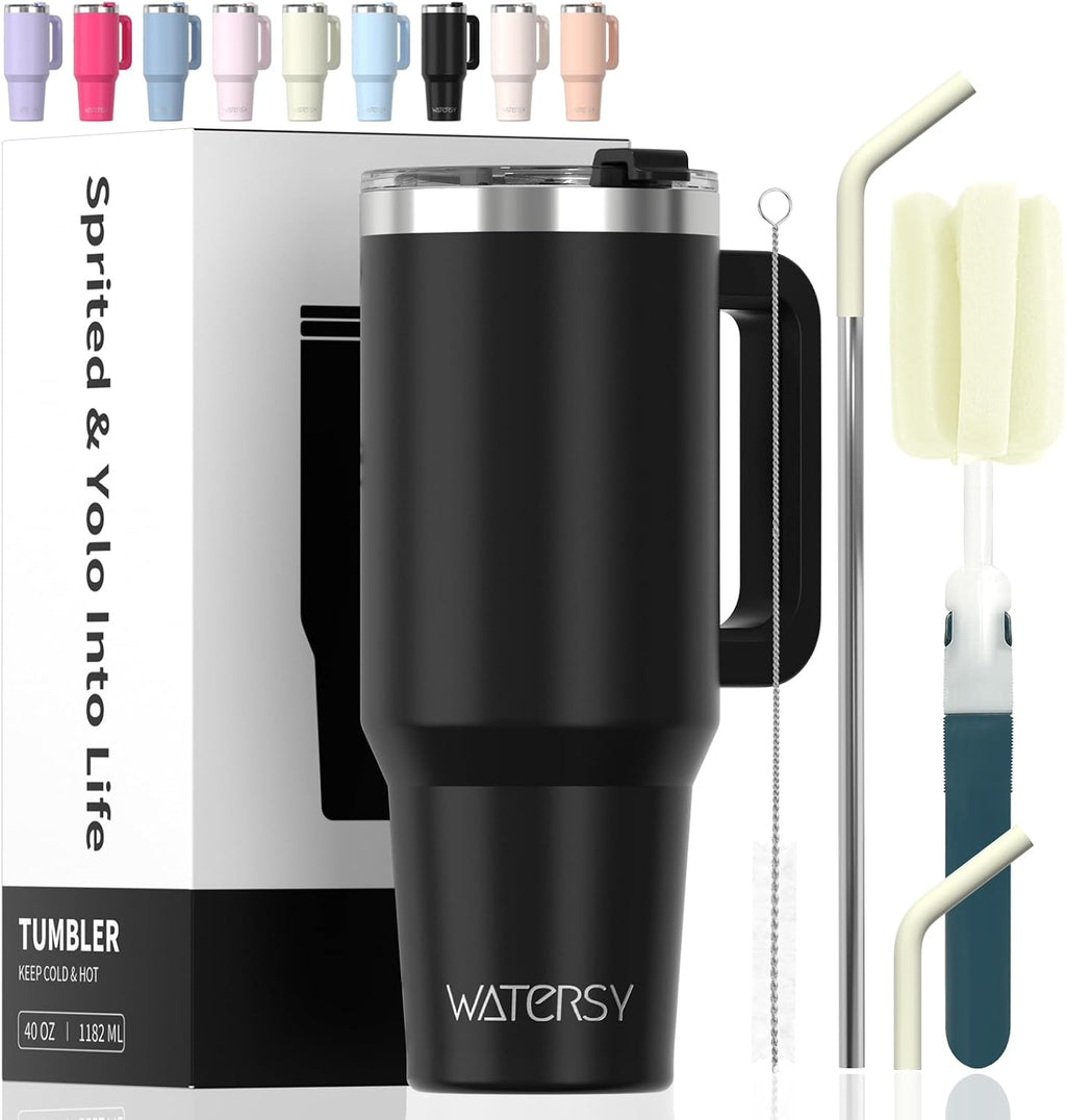 40 oz Tumbler with Handle,Tumbler with Lid and Straw,Double Wall Insulated Cup Stainless Steel Travel Mug(Cold for 34 Hours),Water Bottle for Iced Tea,Coffee,Cold Beverages(Black)