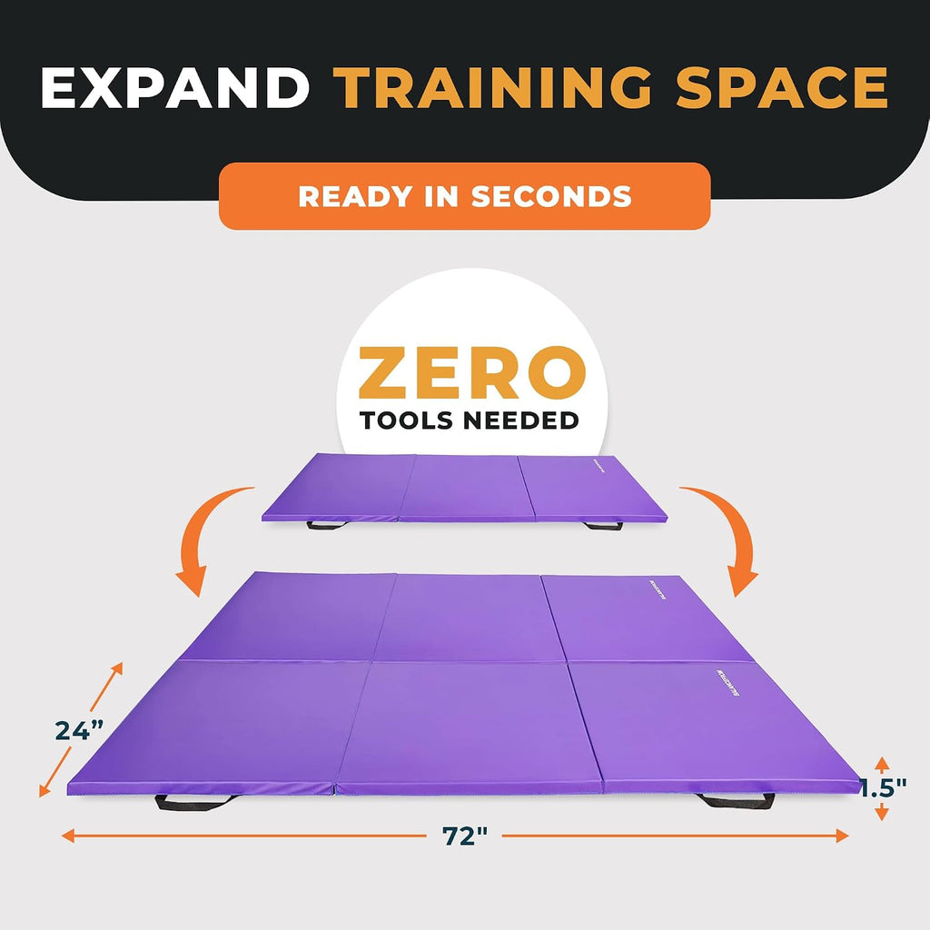 BalanceFrom 6x2 Feet 3-Panel Folding Gymnastics Mat – 1.5-Inch Thick Pad with Vinyl Surface and Carrying Handles for Tumbling, Yoga, Pilates, Home Workouts, and Martial Arts