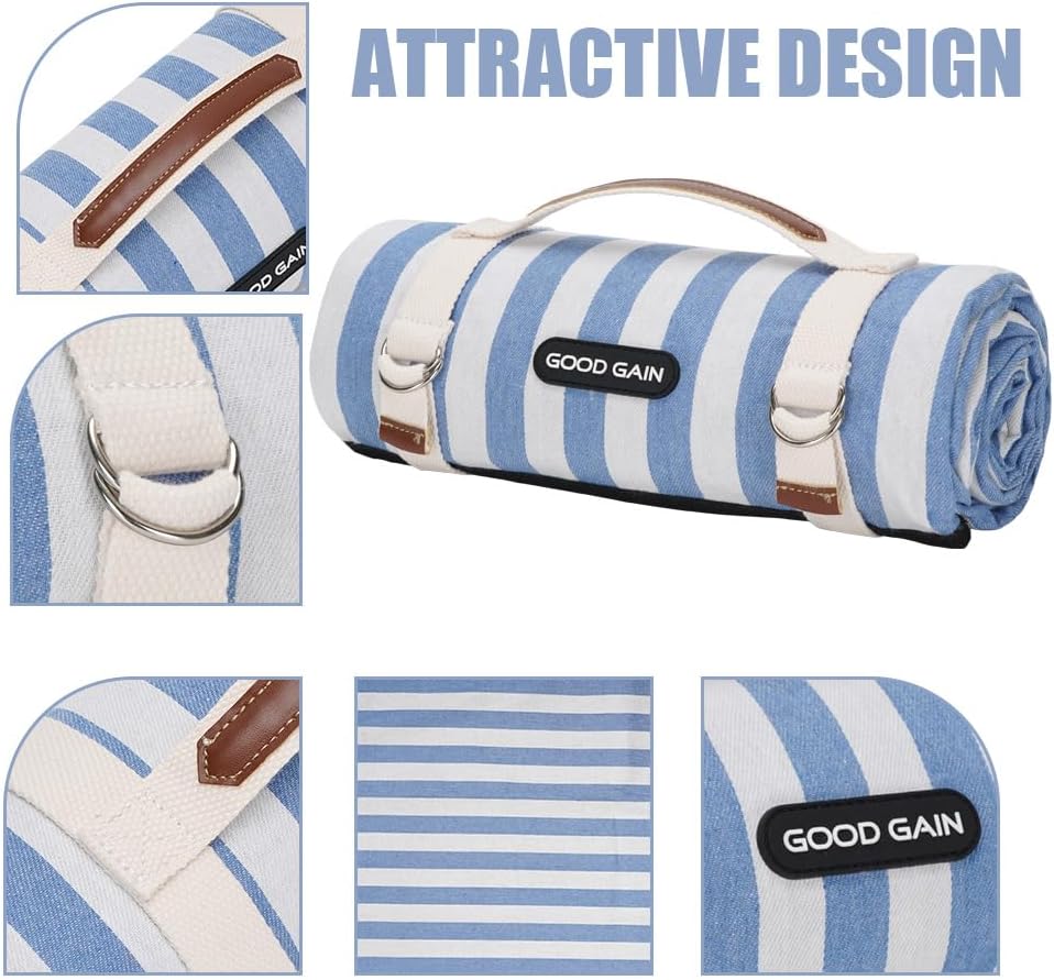 Picnic Outdoor Blankets Waterproof Extra Large - Beach Mat Sand Free Foldable with Carry Strap | Portable Camping Blanket | Park Blanket for Grass , Hiking, Travel, Concerts, Indoor (Cerulean Blue)