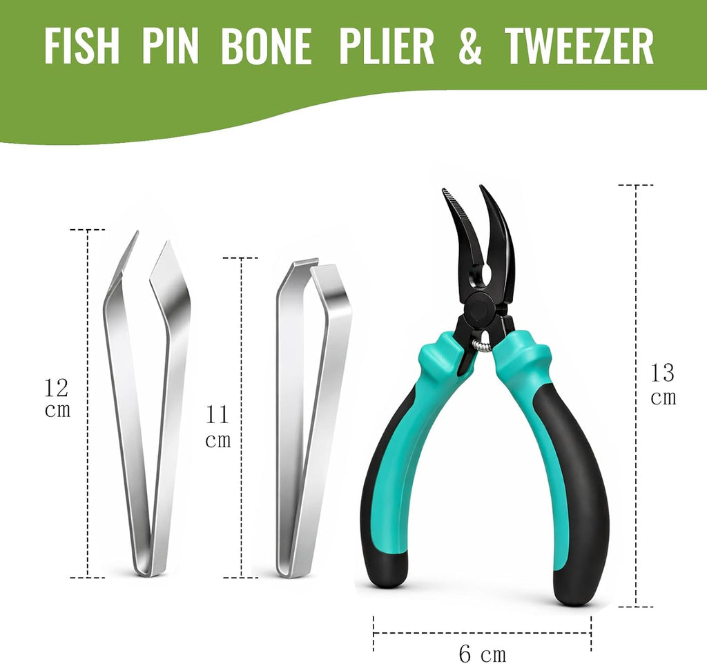 Fish Pin Bone Pliers & Tweezers Set – Serrated Jaw Plier with Flat & Slant Tweezers, Rust-Resistant Deboning Tools for Salmon, Trout & Seafood