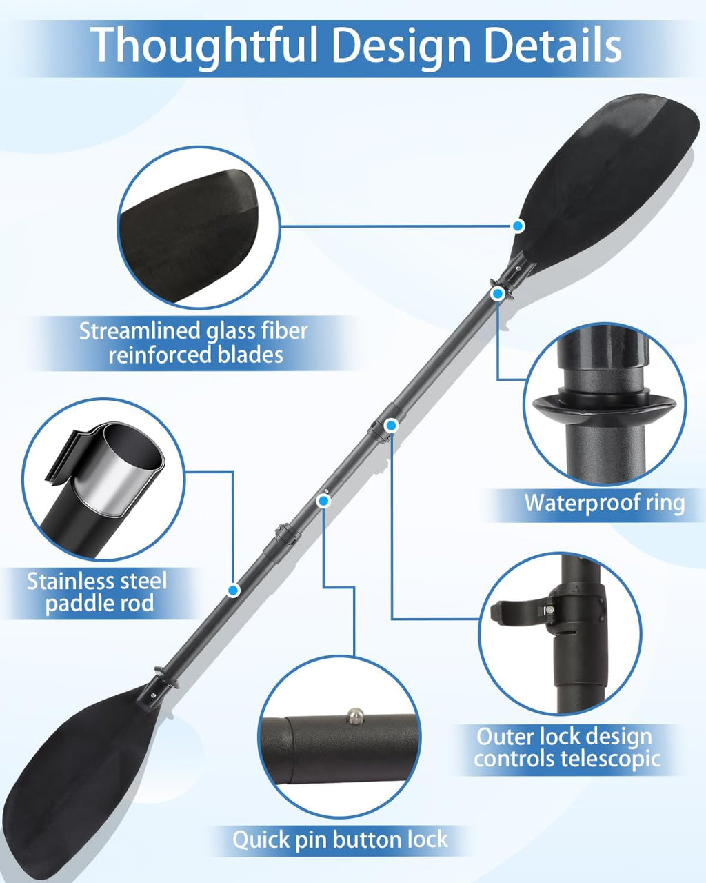 Adjustable Kayak Paddle, 62"–87" Telescopic Kayak Paddle Stainless Steel Shaft & Fiberglass Blades Detachable Travel Canoeing Kayaking Oar for Teens & Adults