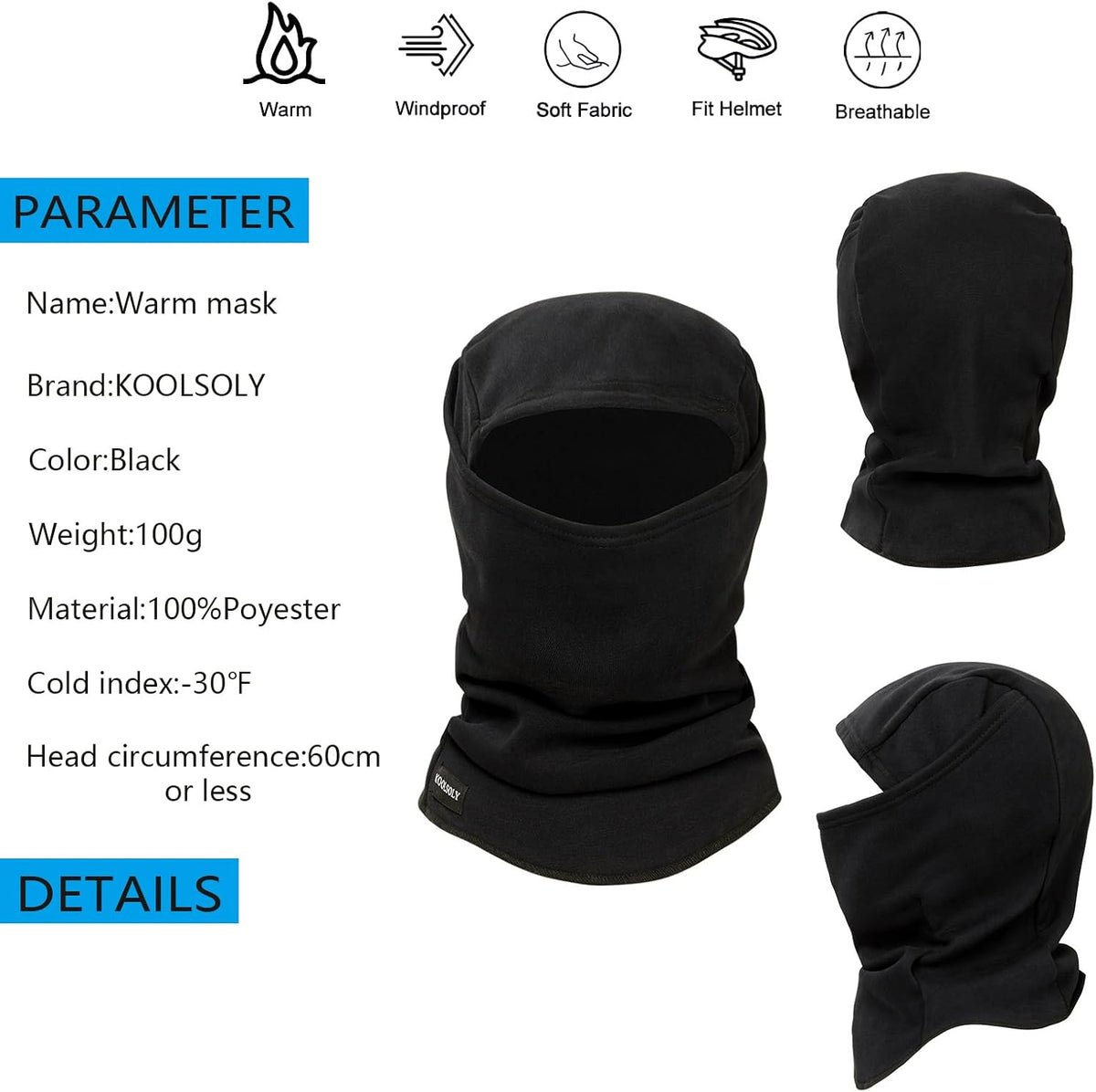 KOOLSOLY Ski Mask Balaclava Cold Weather Warm and Fleece Face Mask Neck Warmer Full Face Mask for Men&Women
