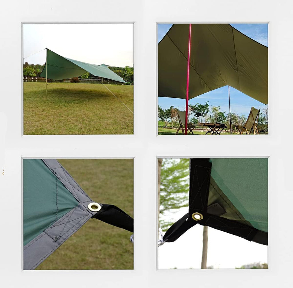 16x16 ft Large Camping Tarp Waterproof Hammock Rain Fly Camping Awning Sun Shelter (Without Pole) (Green)
