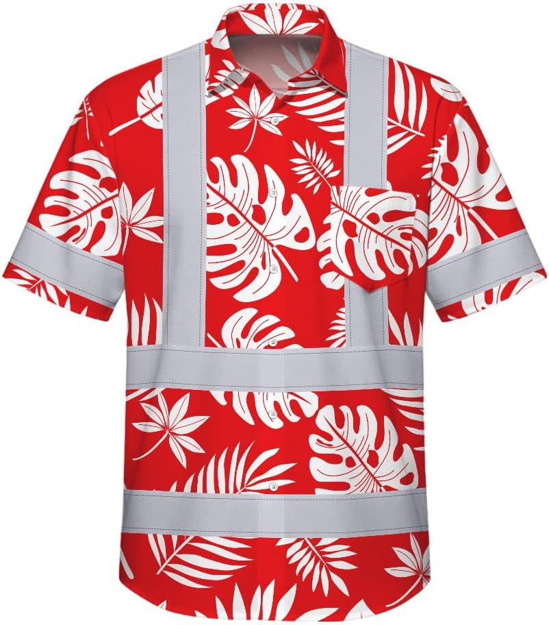 High Visibility Hawaiian Shirt for Men Tropical Shirts Custom Name Floral Outfit Reflective Safety Workwear