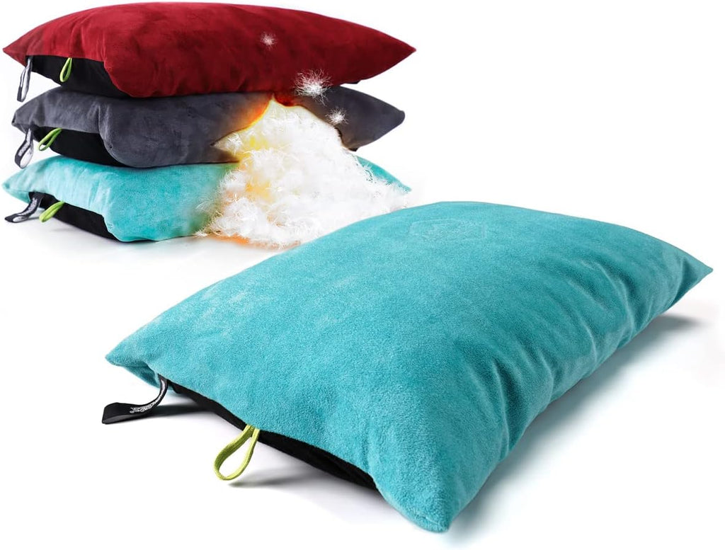 ZOOOBELIVES Down Filled Camping Pillow for Travel, Washable Soft Cover, Small Camp Cushion for Neck & Lumbar Support On-The-Go, Ultralight & Compressible for Hiking Backpacking - AlpliveS2046