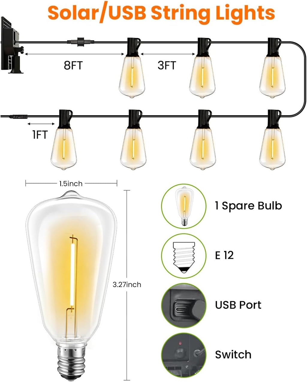 VOLIVO 54FT ST38 Solar String Lights Waterproof Outdoor Patio Lights