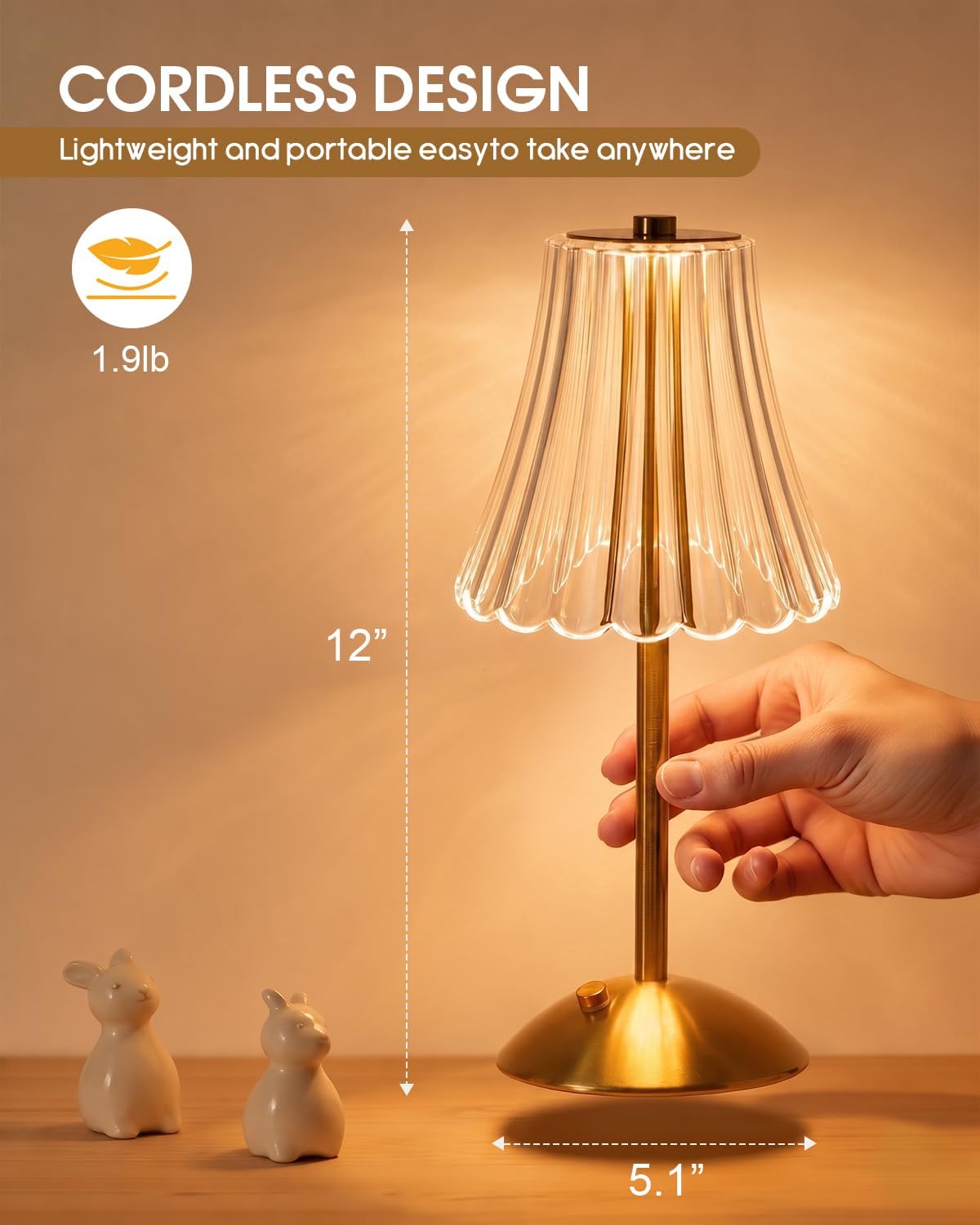 Nusogon Rechargeable Cordless Table Lamp, Gold Touch Crystal Desk Lamp