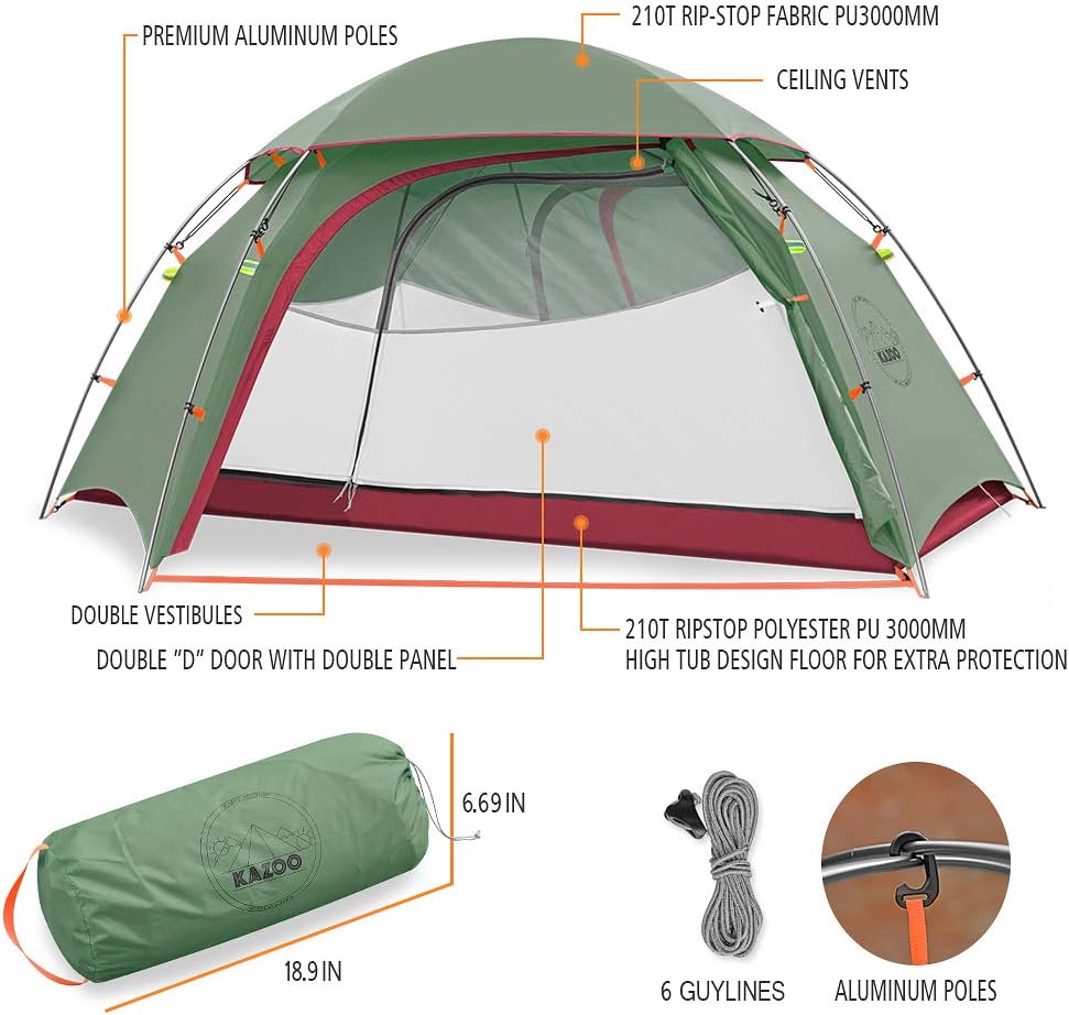KAZOO Waterproof Backpacking Tent Ultralight 1/2 Person Lightweight Camping Tents 1/2 People Hiking Tents Aluminum Frame Double Layer