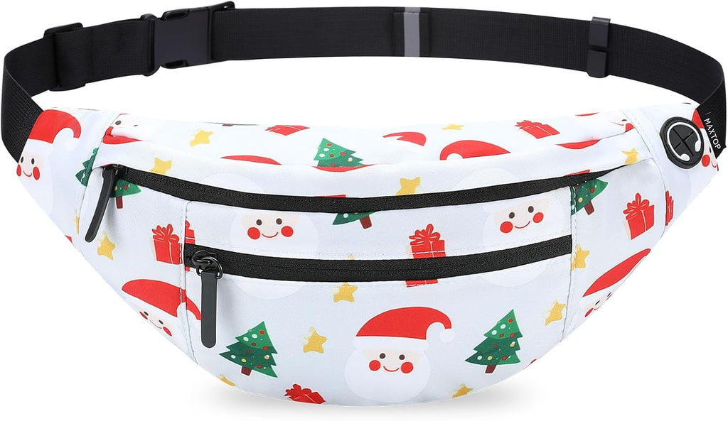 MAXTOP Large White Christmas Fanny Pack with 4-Zipper Pockets, Christmas Gifts for Enjoy Festival Sports Workout Traveling Running Casual Hands-Free Waist Pack Crossbody Phone Bag Carrying All Phones