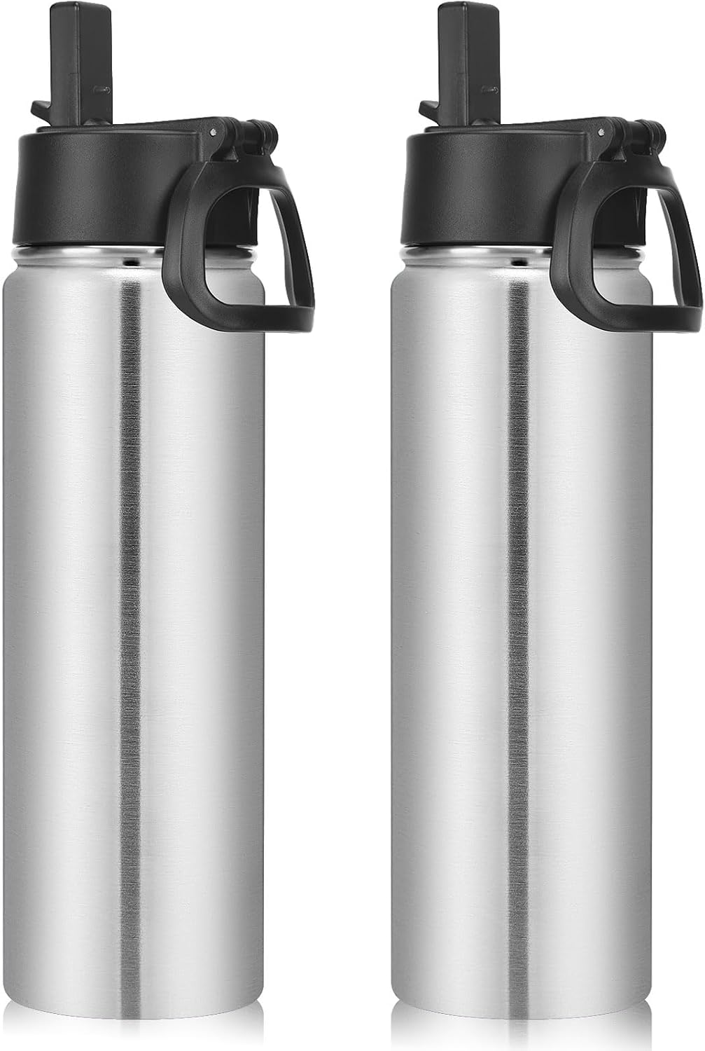 Neihepal 22 oz Insulated Water Bottles with Leak Proof Straw Lid, Wide Mouth Double Walled Vacuum Stainless Steel Metal Water Bottle (Silver,2 Pack)