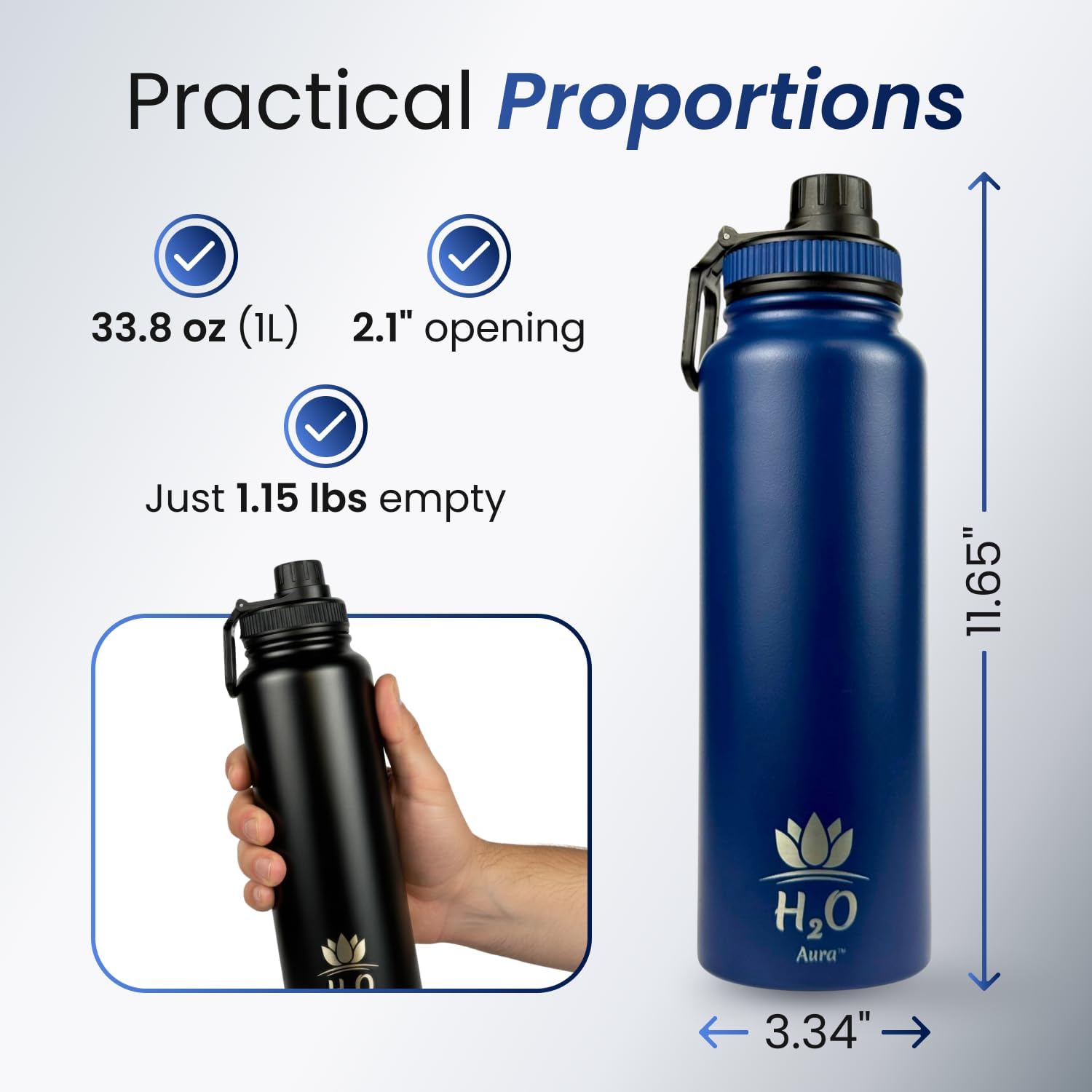Premium 1 Liter Water Bottle (33.8 oz) with Carrying Case & Strap - Double Wall Vacuum Insulated Stainless Steel Water Bottle - Leakproof Lid, Wide Mouth, BPA-Free, Removable Strainer – Blue