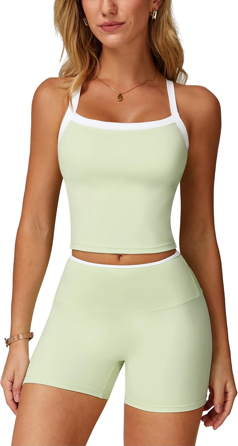 ABOCIW 2 Pieces Workout Sets for Women, Cross Back Tank Top Matching High Waist Biker Shorts, Gym Yoga Pilates Outfits