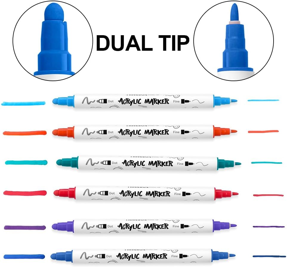 TRANSON 36 Color Bold and Fine Dual-tip Acrylic Paint Pen Set for Canvas Rock Wood Leather Ceramic DIY Painting