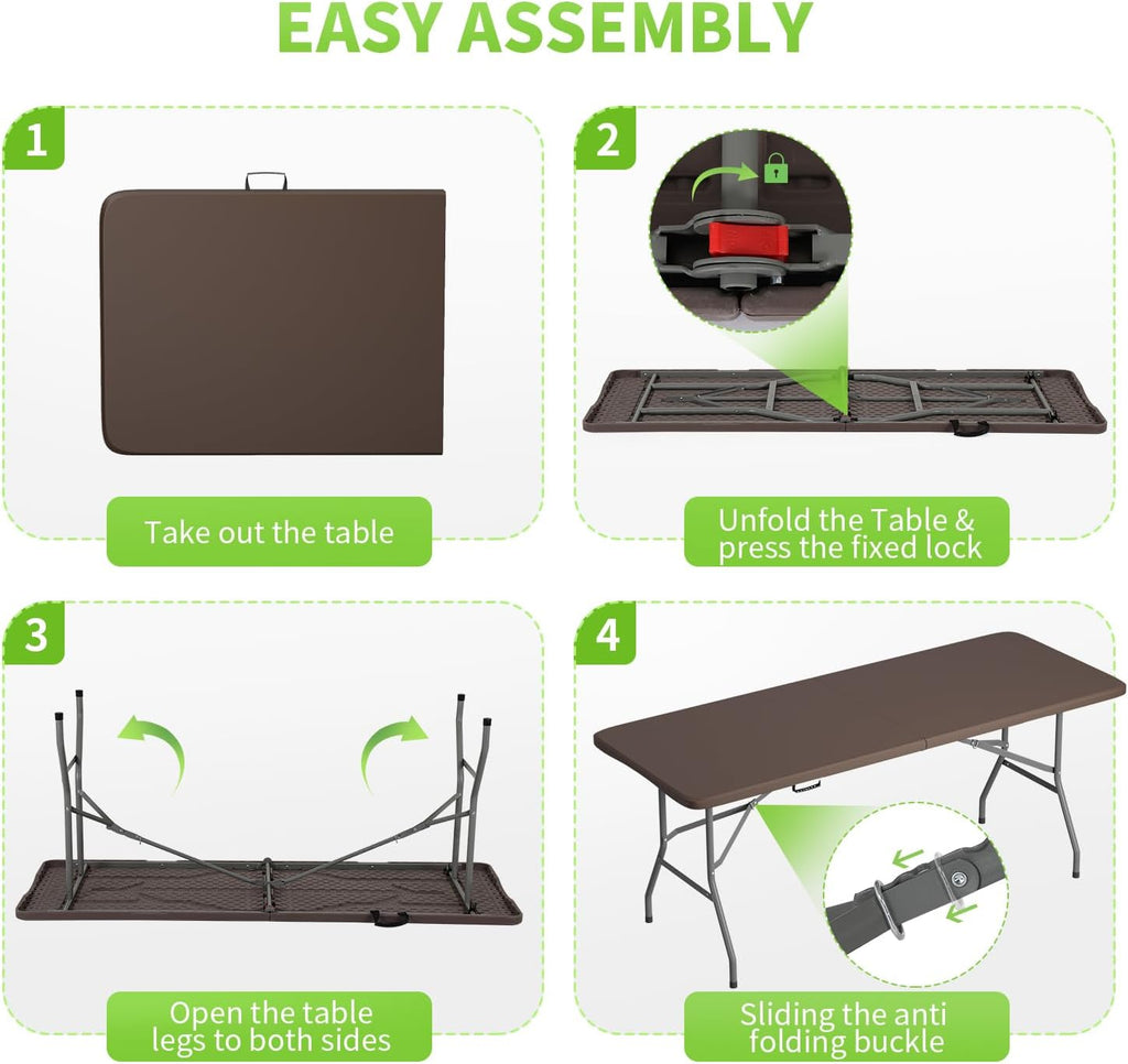 BestOffice | 6FT Folding Table | Brown | Portable Plastic Table