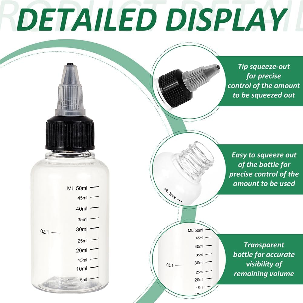 BENECREAT 15 Pack 50ml Transparent Plastic Dispensing Bottle with Twist Cap and Graduated Measurement for Liquids, Inks, Oils, Arts and Crafts