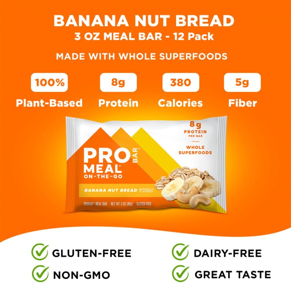 PROBAR MEAL Bar – Plant Based Meal Replacement Bar with Whole Food Ingredients, Oats, Nuts & Seeds, Vegan, Gluten Free, Non-GMO Nutrition Bar for Breakfast, Travel & On-the-Go Energy (Banana Nut Bread, 12 Count)