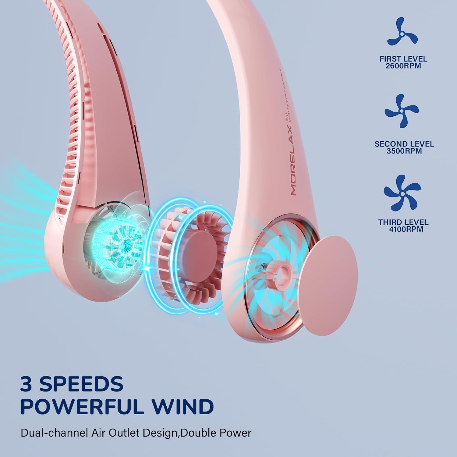 Morelax Neck Fan, USB Rechargeable Personal Fan, 3 Speeds Adjustable, Large air outlet Powerful Strong Wind, Adjustable, 360° Cooling, Super Quiet, No Blade Design, No Hair Twisting, Small (Pink)