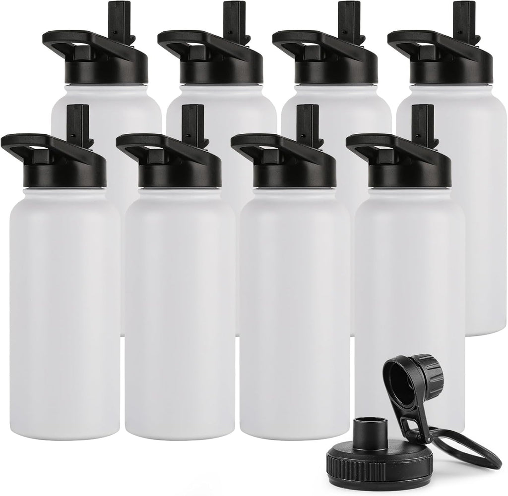 DOMICARE 32 oz Insulated Water Bottle Bulk, Vacuum Insulated Stainless Steel Sports Water Bottle with Straw Lid & Spout Lid, Leakproof, Reusable - Travel, Camping, Bike, White (8 Pack)